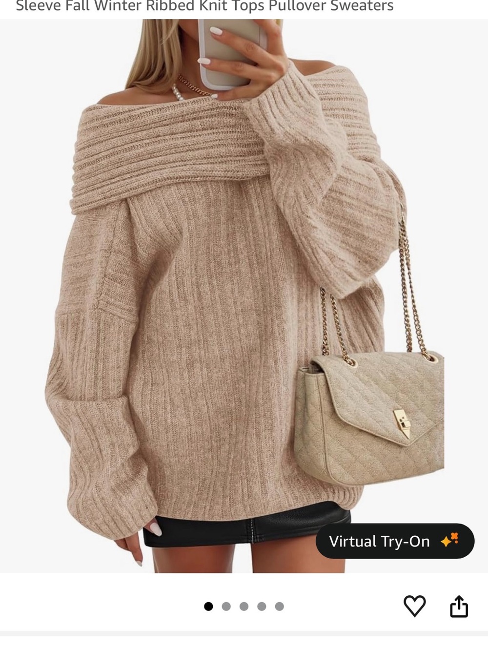 Amazon Off-The-Shoulder Ribbed Knit Sweater in Beige